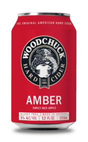 Woodchuck Harder cider can, Amber sweet red apple flavored. 12 Fluid ounces, 5% alcohol by volume